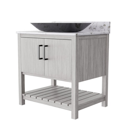 30-inch Novatto bath vanity with café mocha quartz countertop and sink, showcasing sleek modern bathroom accessory design.