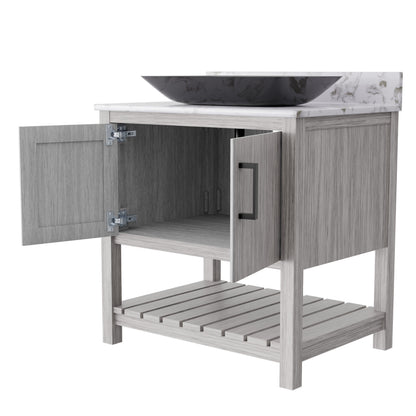 30-inch Novatto bath vanity with café mocha quartz countertop and sink, showcasing sleek, modern bathroom accessory design.