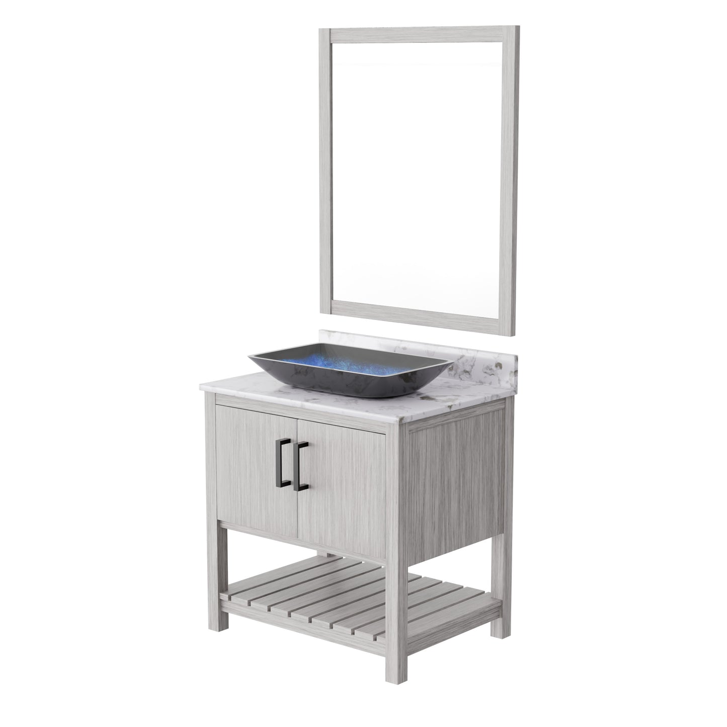 30-inch Novatto bath vanity with café mocha quartz countertop and sink, showcasing modern bathroom accessory design.