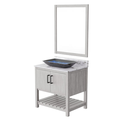 30-inch Novatto bath vanity with café mocha quartz countertop and sink, showcasing modern bathroom accessory design.