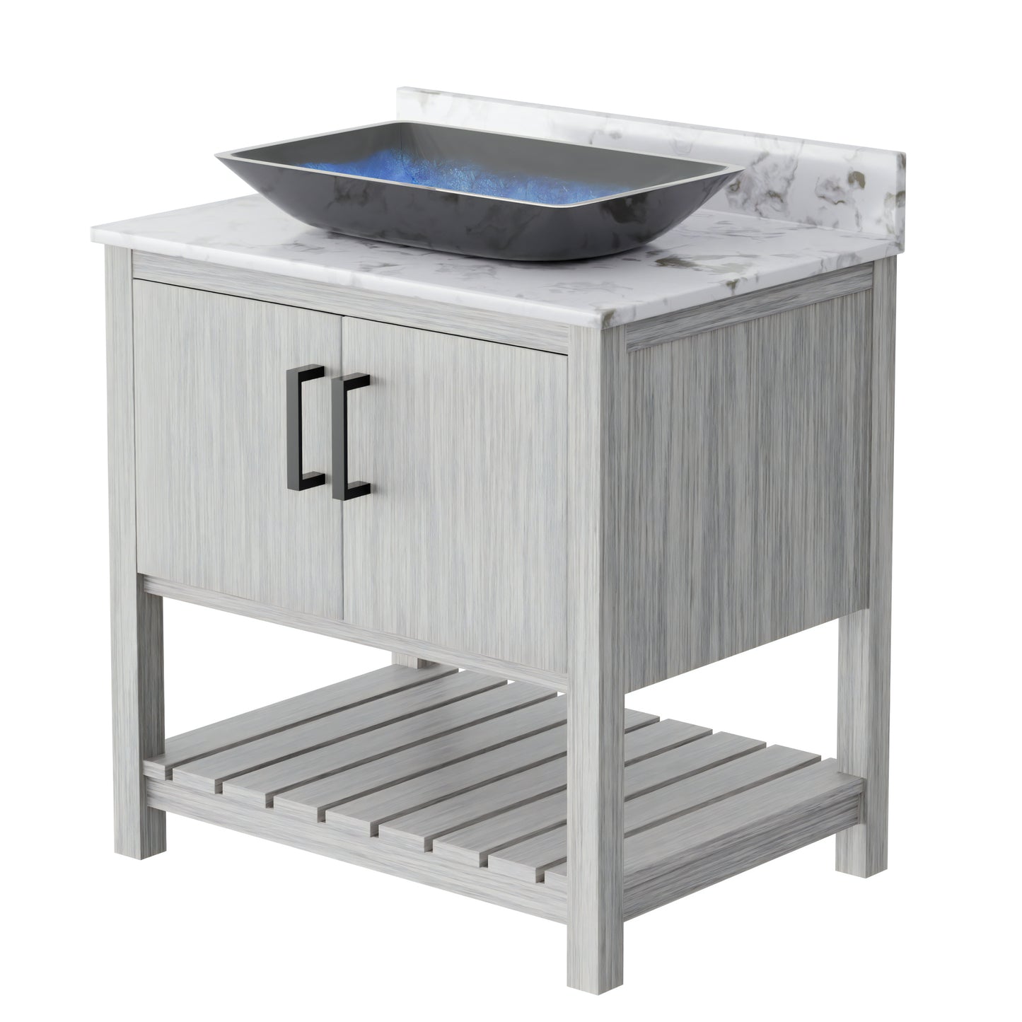30-inch Novatto bath vanity with café mocha quartz countertop and sink, showcasing sleek bathroom accessory design.