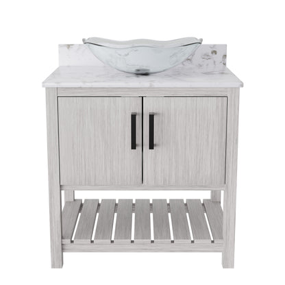 Novatto 30-inch bath vanity with café mocha quartz countertop and integrated sink, modern bathroom accessory.