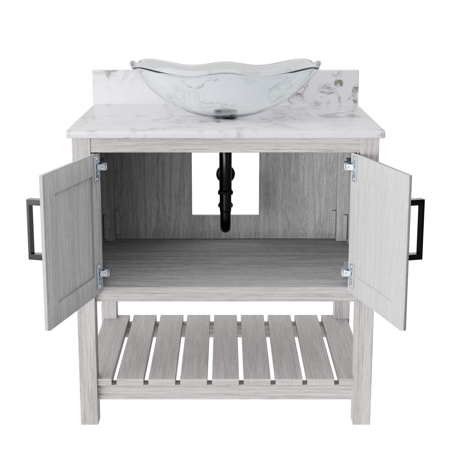 30-inch Novatto bath vanity with café mocha quartz countertop and integrated sink, showcasing a modern bathroom accessory.