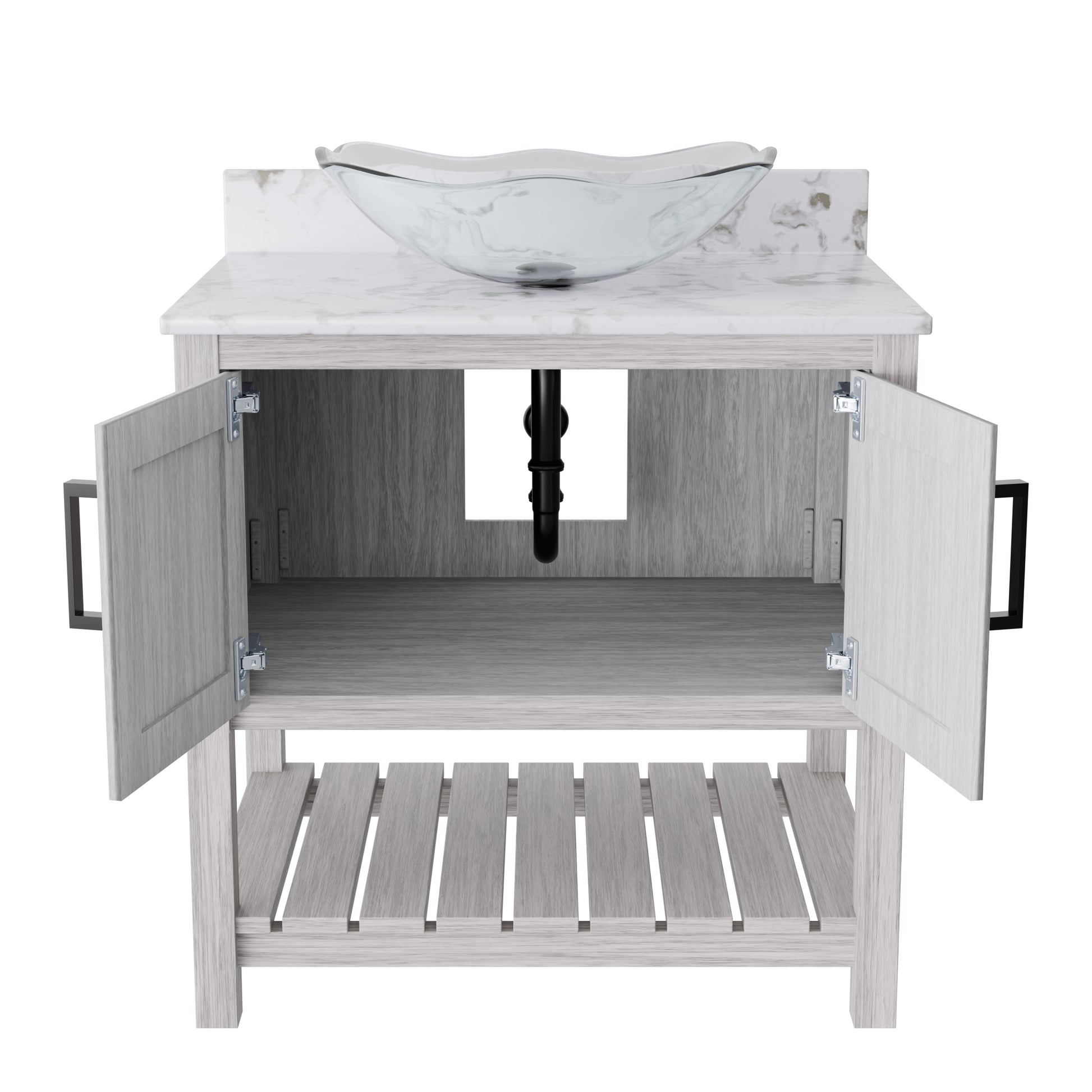 30-inch Novatto bath vanity with café mocha quartz countertop and integrated sink, showcasing a modern bathroom accessory.