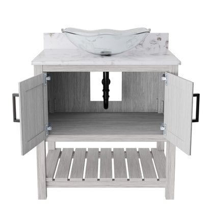 30-inch Novatto bath vanity with café mocha quartz countertop and integrated sink, showcasing a modern bathroom accessory.