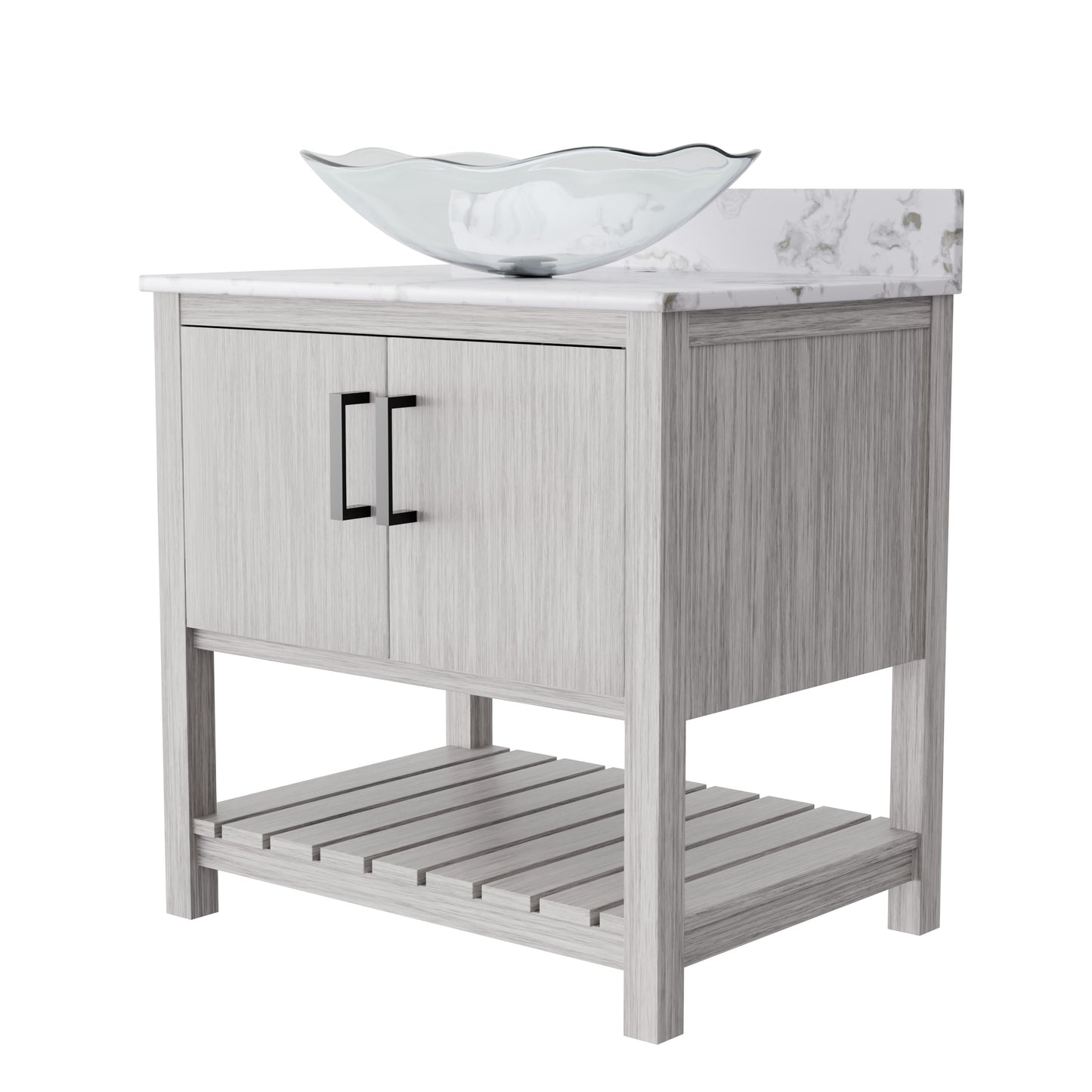 30-inch Novatto bathroom vanity with café mocha quartz countertop and integrated sink, modern accessory for bathroom decor.