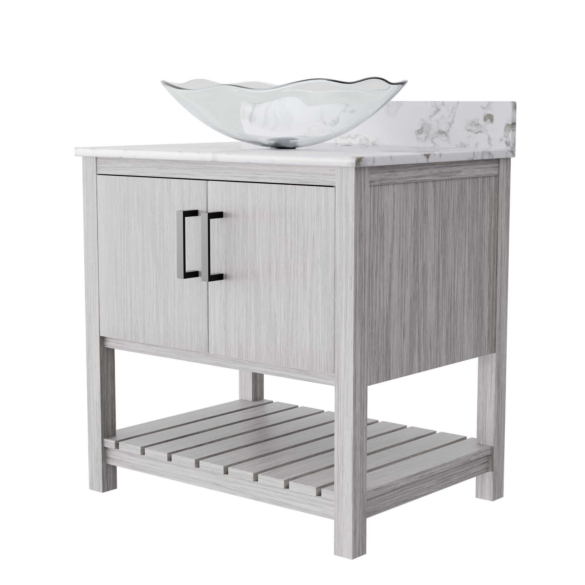 30-inch Novatto bathroom vanity with café mocha quartz countertop and integrated sink, modern accessory for bathroom decor.