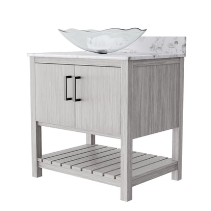 30-inch Novatto bathroom vanity with café mocha quartz countertop and integrated sink, modern accessory for bathroom decor.