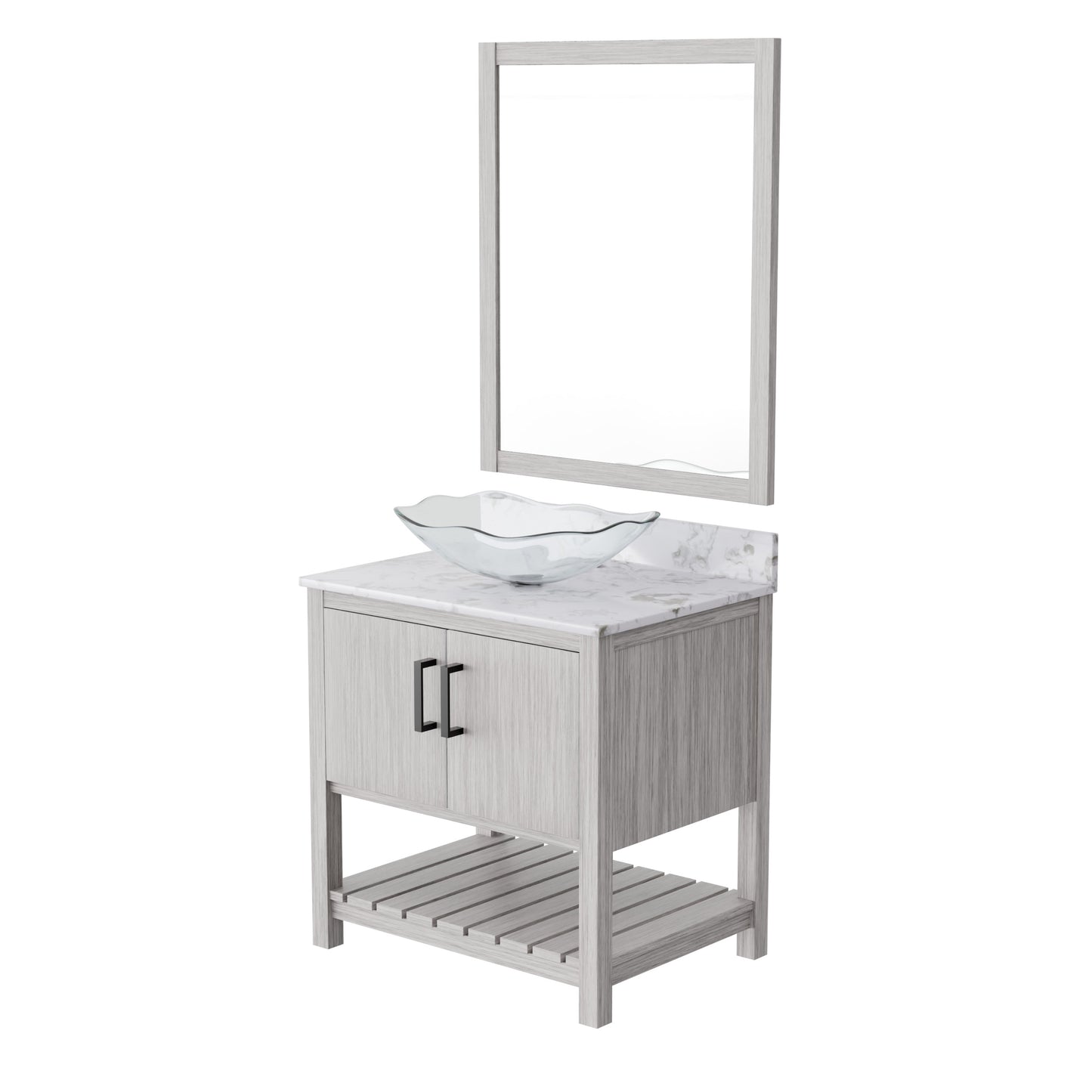 30-inch Novatto bath vanity with café mocha quartz countertop and sink, featuring a modern, sleek bathroom accessory design.