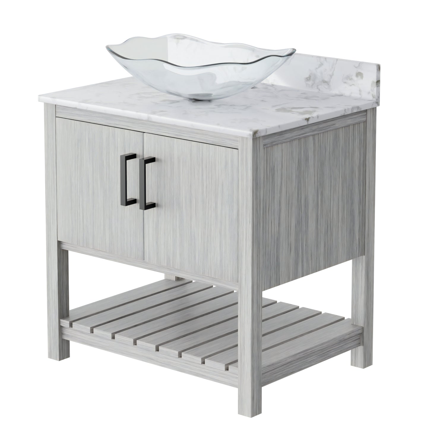 30-inch Novatto bath vanity with café mocha quartz countertop and integrated sink, showcasing a sleek bathroom accessory.