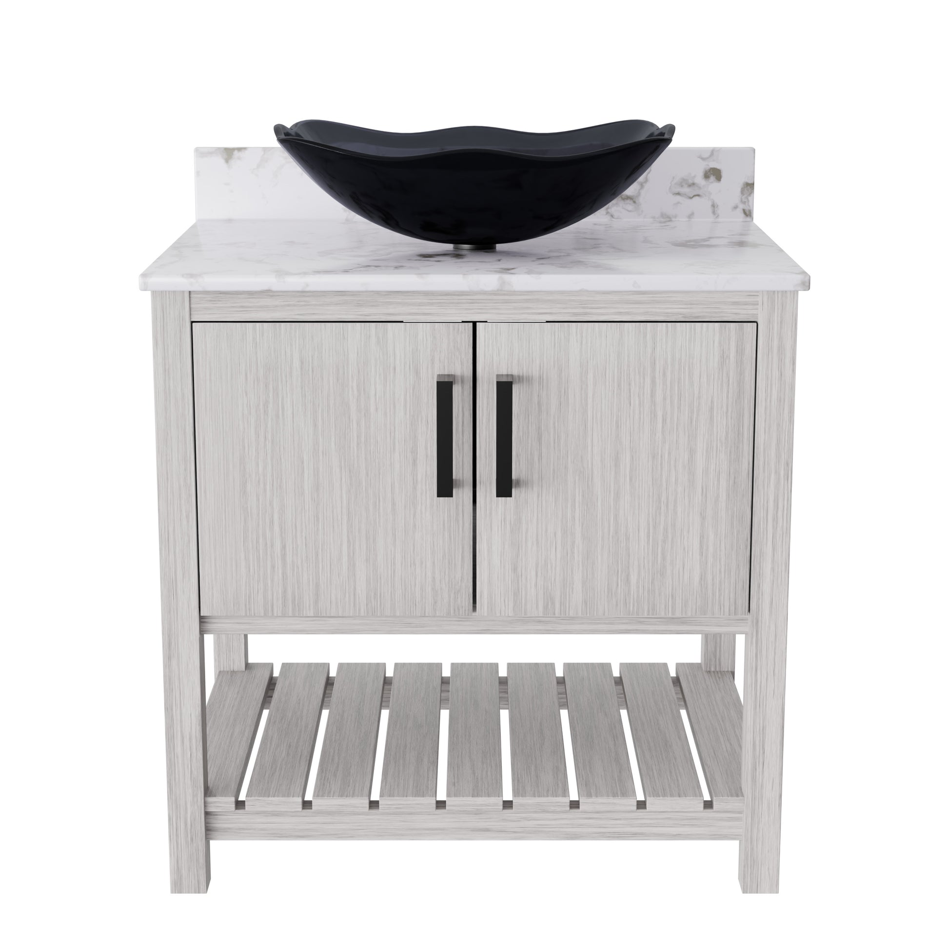 30-inch Novatto bath vanity with café mocha quartz countertop and integrated sink, showcasing the elegant accessory design.