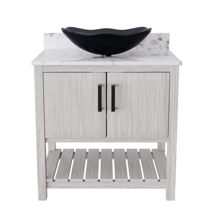 30-inch Novatto bath vanity with café mocha quartz countertop and integrated sink, showcasing the elegant accessory design.