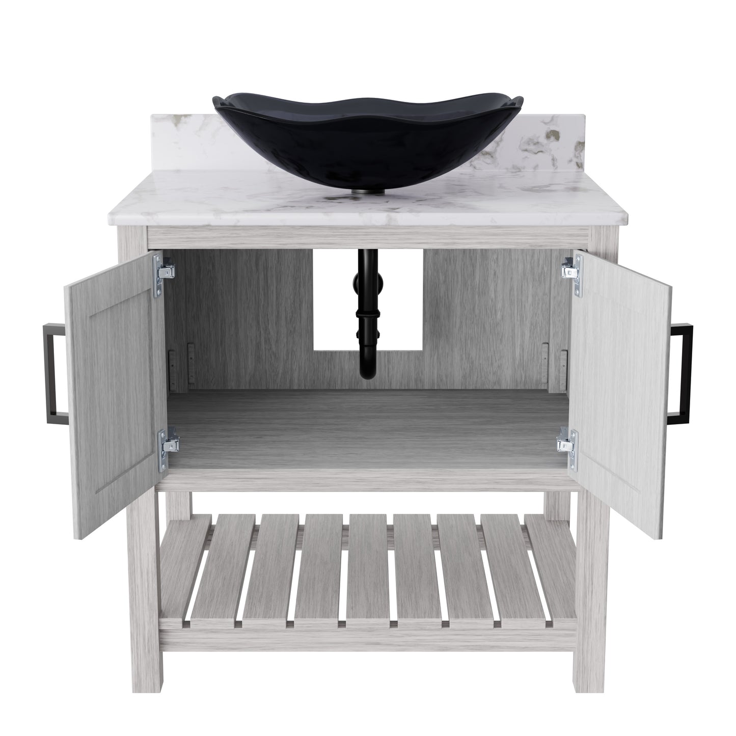 30-inch Novatto bathroom vanity with café mocha quartz countertop and integrated sink, showcasing sleek bathroom accessory design.
