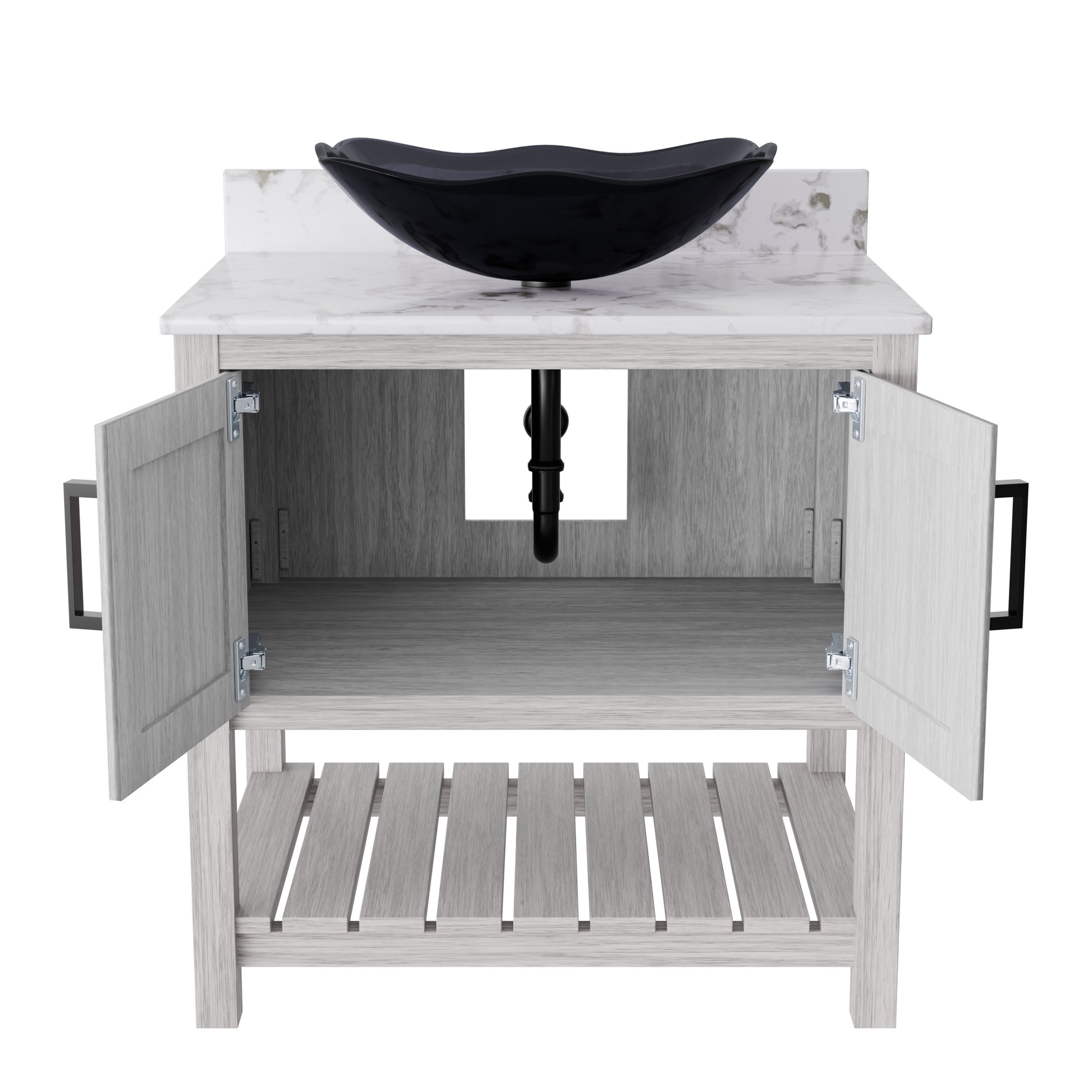 30-inch Novatto bathroom vanity with café mocha quartz countertop and integrated sink, showcasing sleek bathroom accessory design.