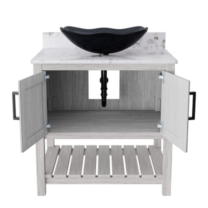 30-inch Novatto bathroom vanity with café mocha quartz countertop and integrated sink, showcasing sleek bathroom accessory design.