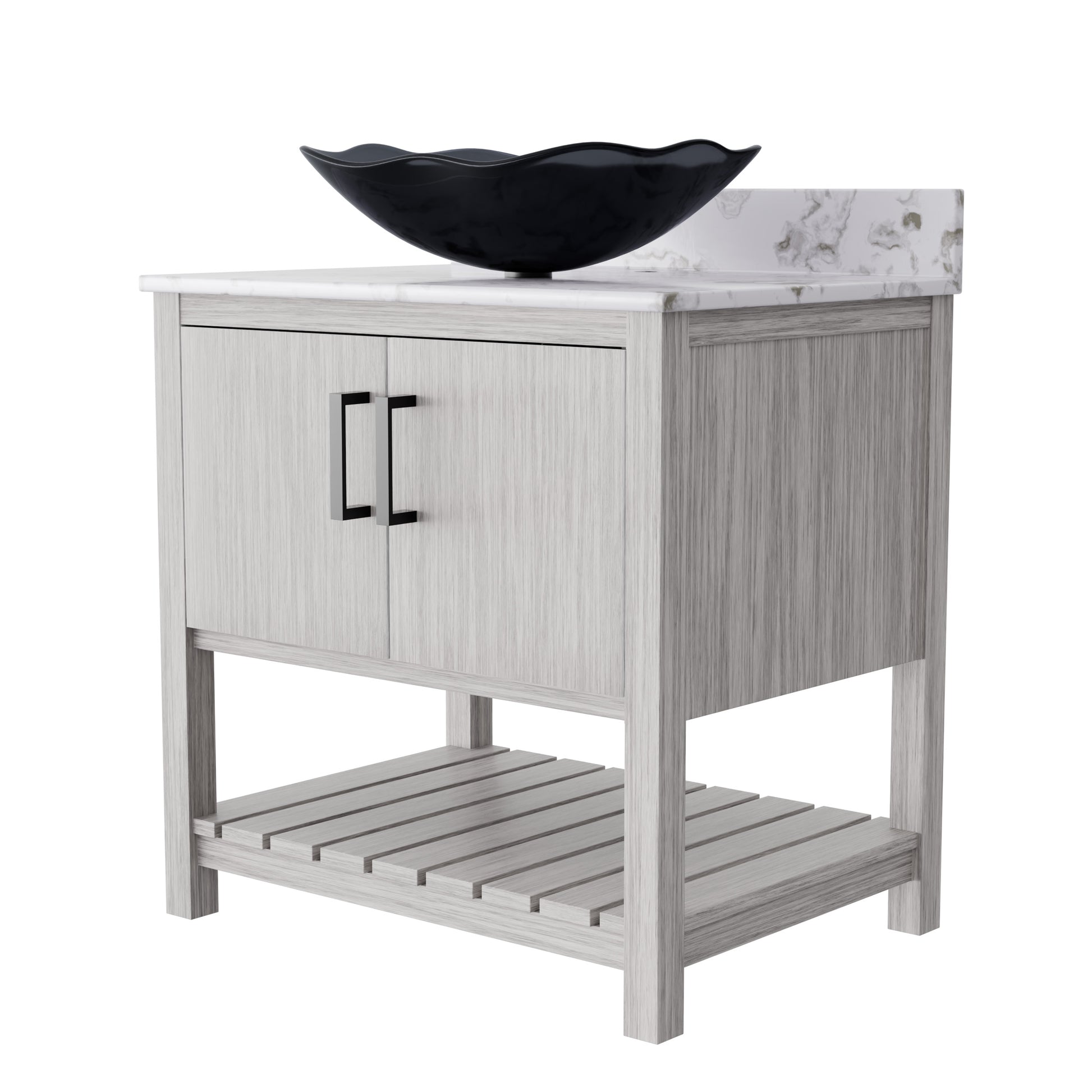 Novatto 30-inch bath vanity with café mocha quartz countertop and integrated sink, showcasing sleek bathroom accessory design.