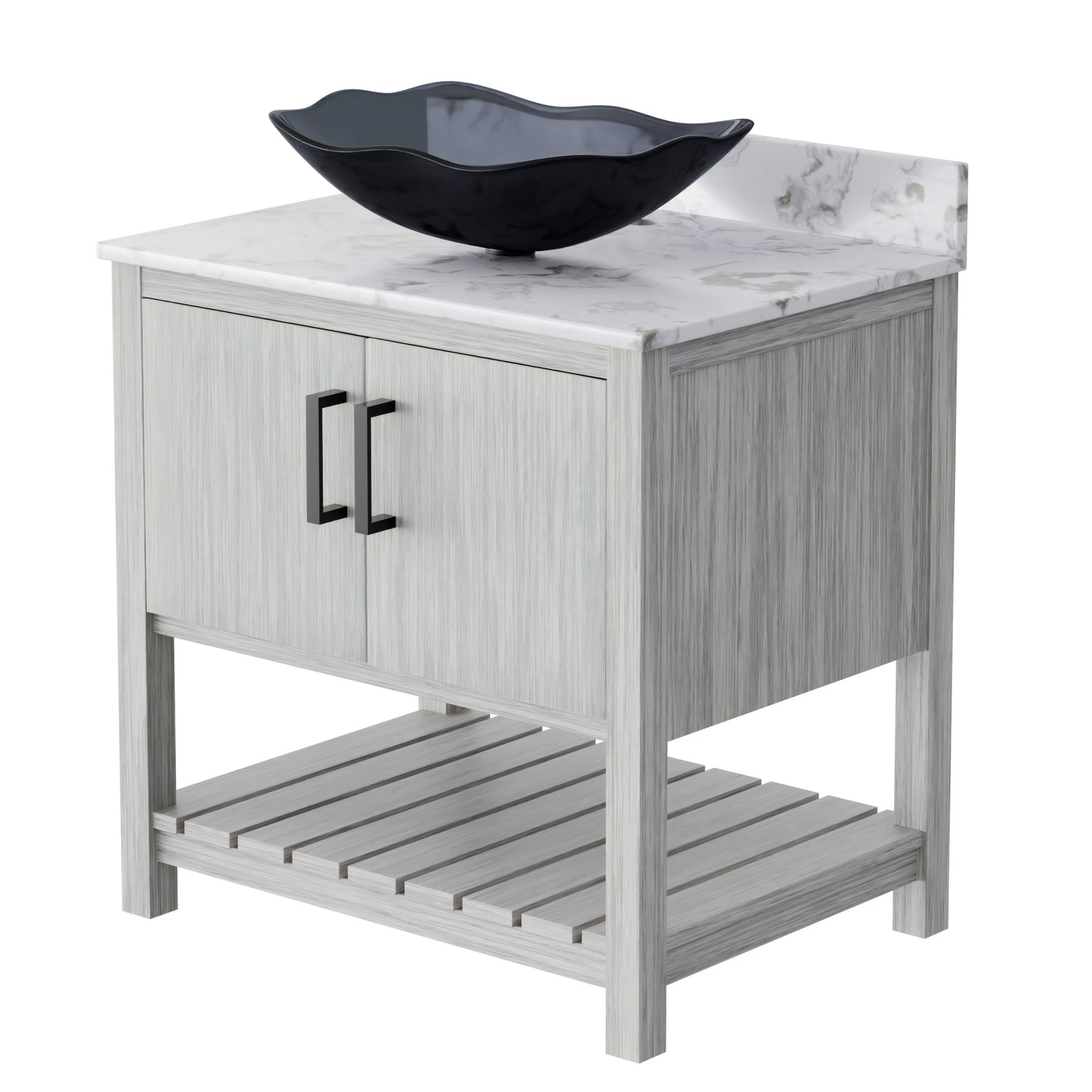 30-inch Novatto bath vanity with café mocha quartz countertop and integrated sink, showcasing a sleek bathroom accessory.
