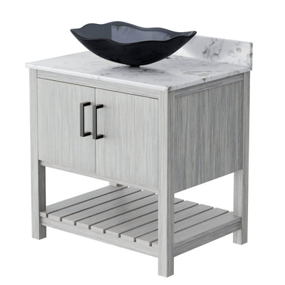 30-inch Novatto bath vanity with café mocha quartz countertop and integrated sink, showcasing a sleek bathroom accessory.