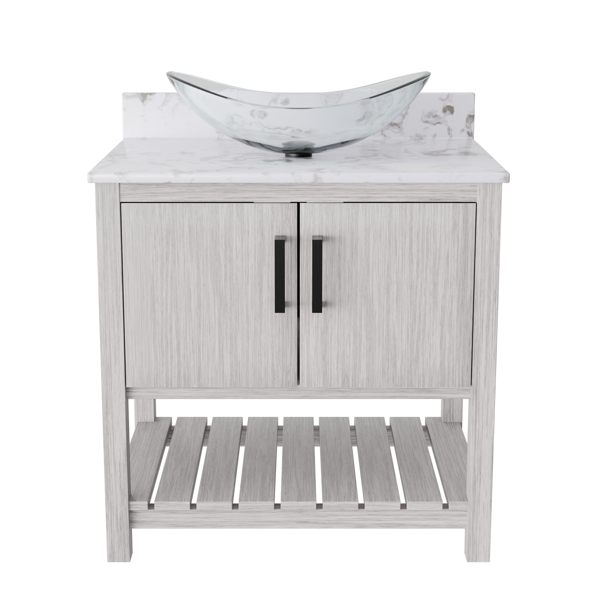 30-inch Novatto bathroom vanity with café mocha quartz countertop and sink, showcasing the sleek design and modern style.