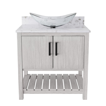 30-inch Novatto bathroom vanity with café mocha quartz countertop and sink, showcasing the sleek design and modern style.