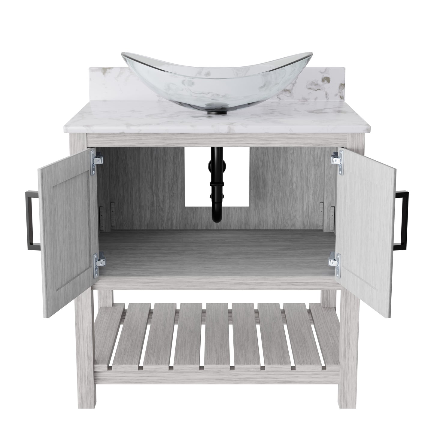 30-inch Novatto bath vanity with café mocha quartz counter and sink, showcasing sleek bathroom accessory design.