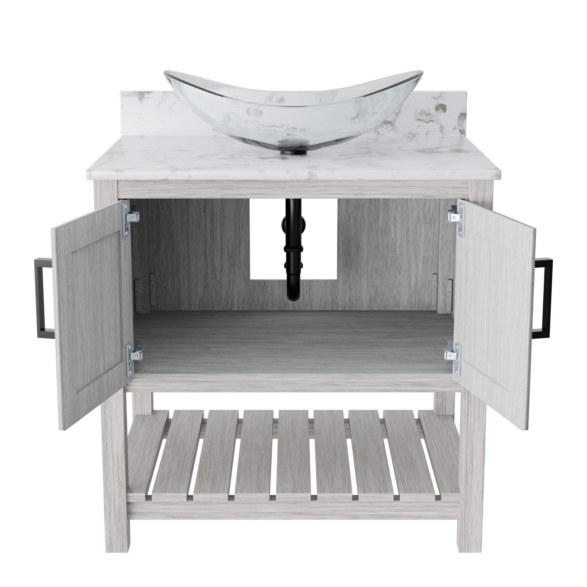 30-inch Novatto bath vanity with café mocha quartz counter and sink, showcasing sleek bathroom accessory design.