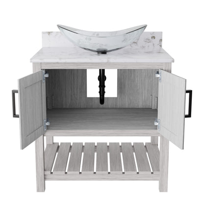 30-inch Novatto bath vanity with café mocha quartz counter and sink, showcasing sleek bathroom accessory design.