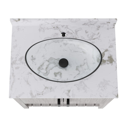 30-inch Novatto bath vanity with café mocha quartz countertop and built-in sink, shown in a modern bathroom setting