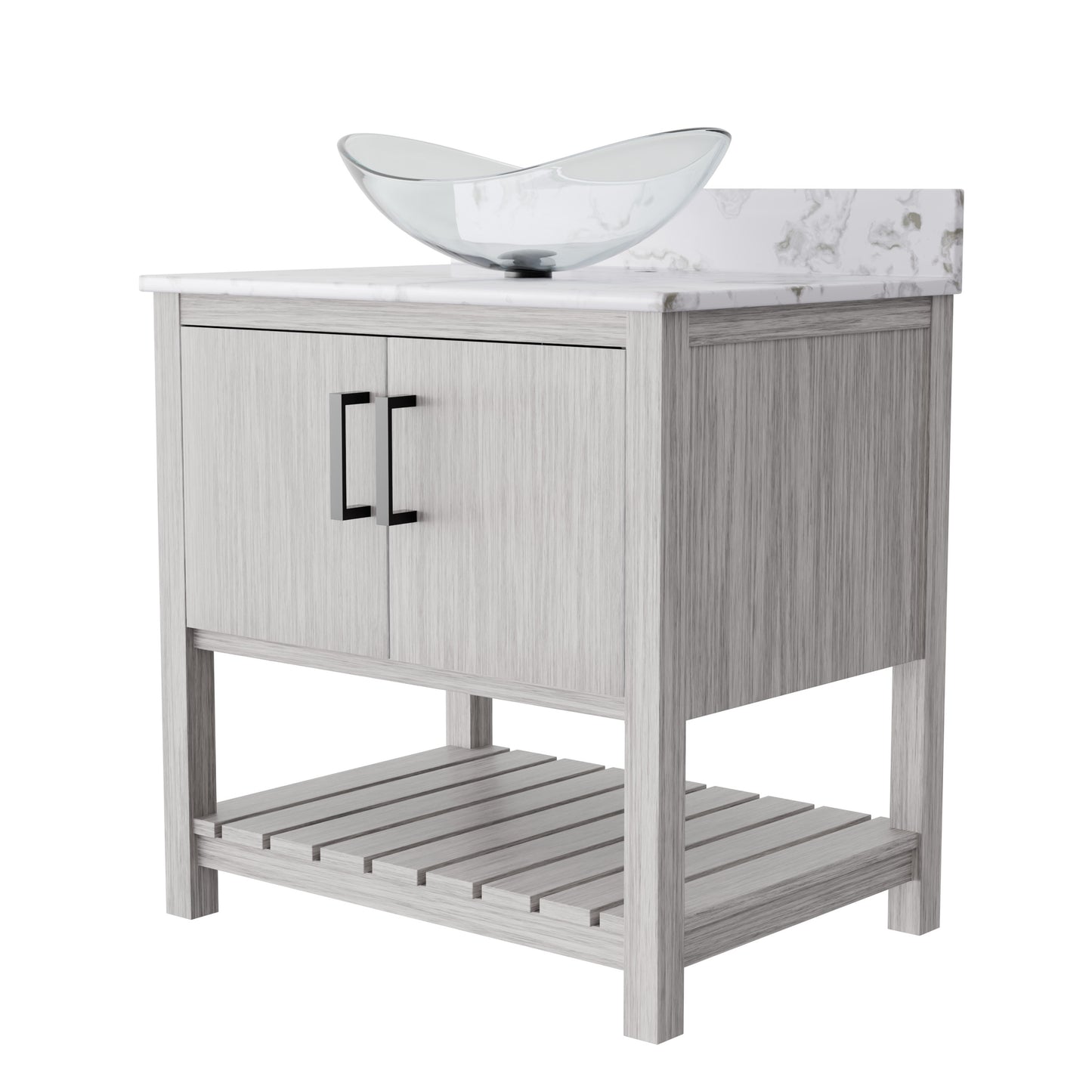 30-inch Novatto bath vanity with café mocha quartz countertop and integrated sink, showcasing a modern bathroom accessory.