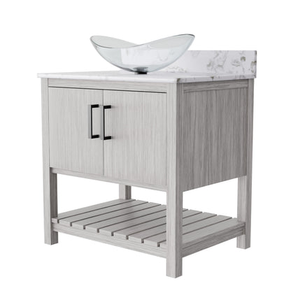 30-inch Novatto bath vanity with café mocha quartz countertop and integrated sink, showcasing a modern bathroom accessory.