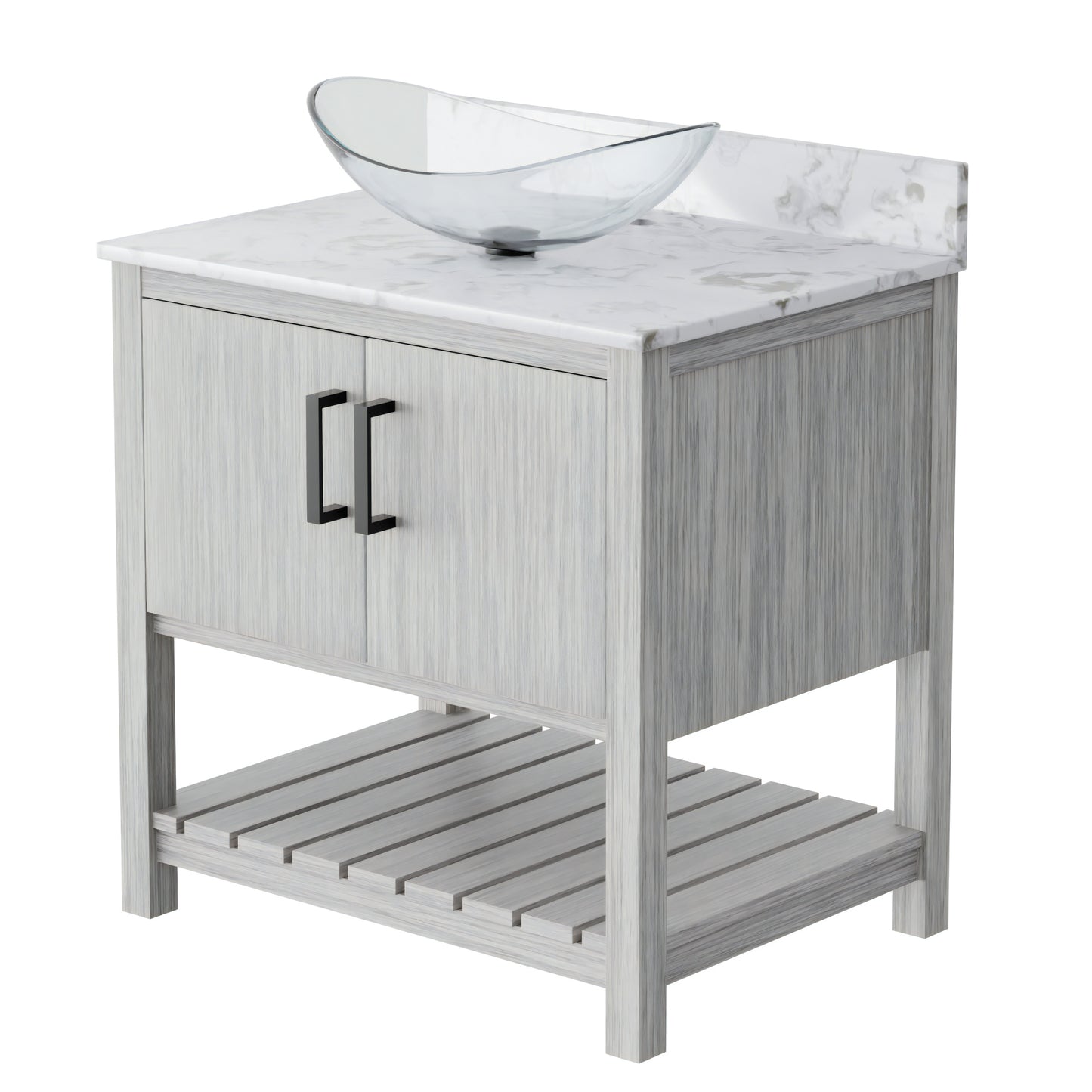 Novatto 30-inch bath vanity with café mocha quartz countertop and integrated sink, showcasing the sleek bathroom accessory.