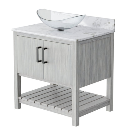Novatto 30-inch bath vanity with café mocha quartz countertop and integrated sink, showcasing the sleek bathroom accessory.