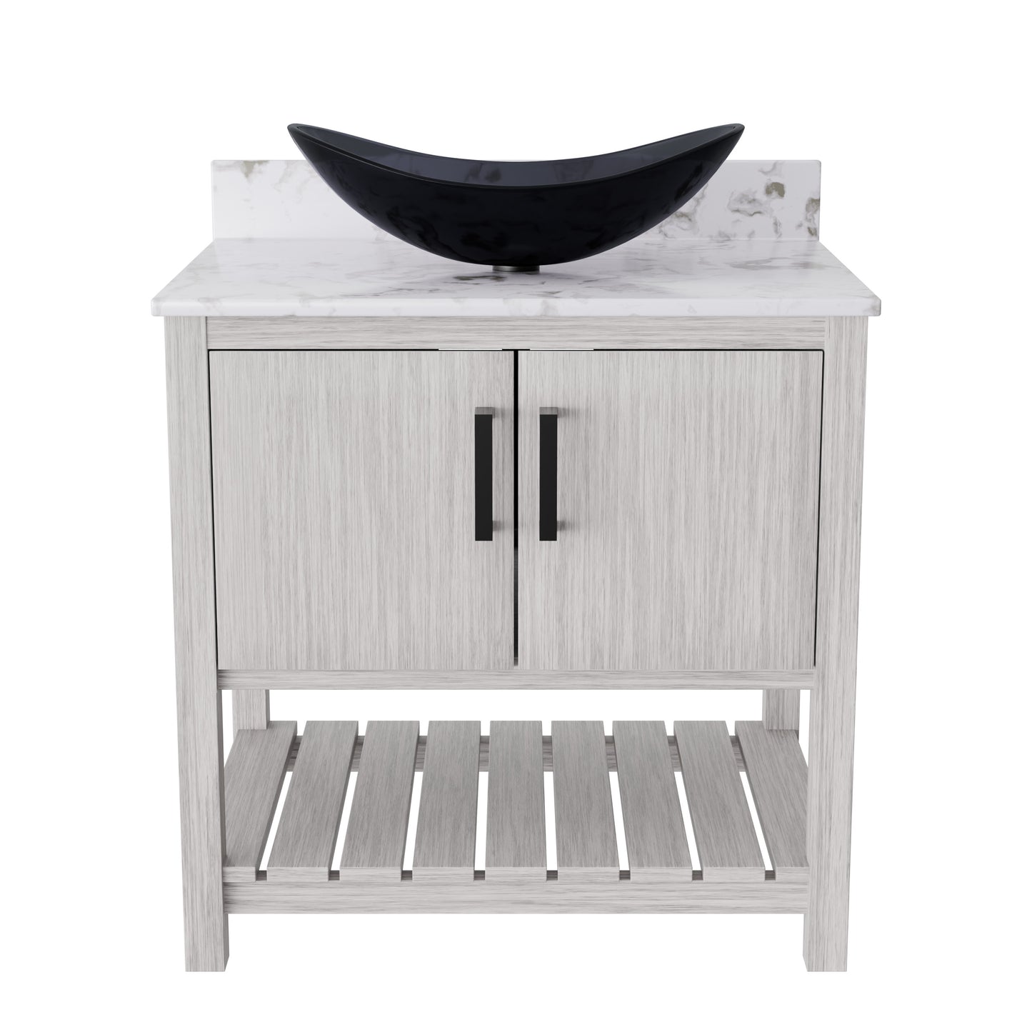 30-inch Novatto bath vanity with Café Mocha quartz countertop and sink, showcasing the sleek bathroom accessory design.