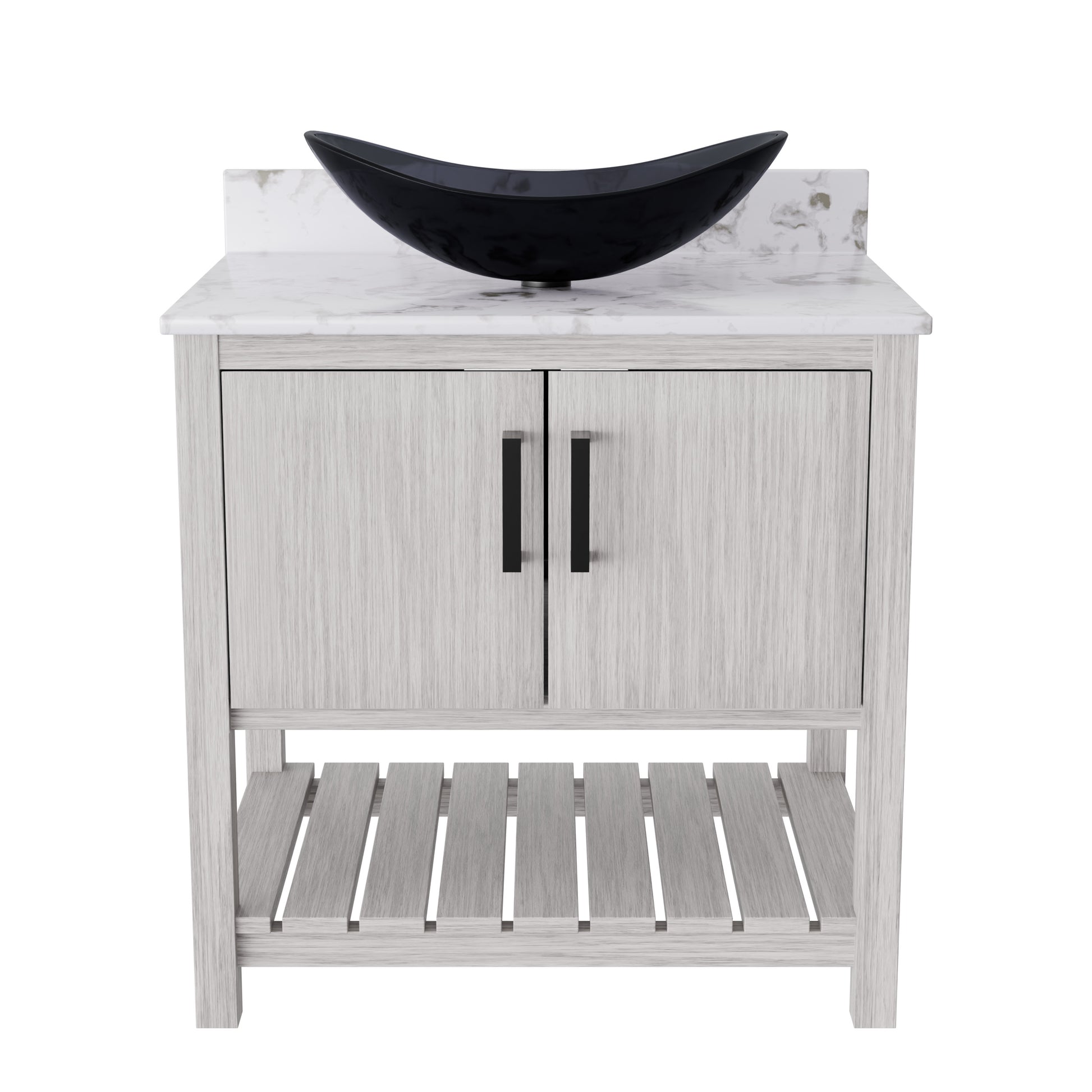 30-inch Novatto bath vanity with Café Mocha quartz countertop and sink, showcasing the sleek bathroom accessory design.