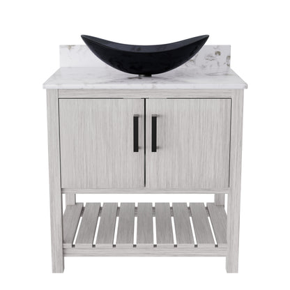 30-inch Novatto bath vanity with Café Mocha quartz countertop and sink, showcasing the sleek bathroom accessory design.