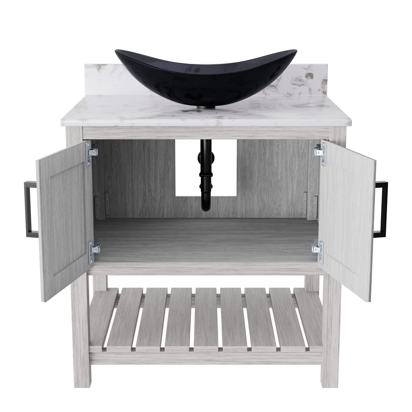 30-inch Novatto bath vanity with café mocha quartz counter and sink, showcasing sleek bathroom decor and modern design features.