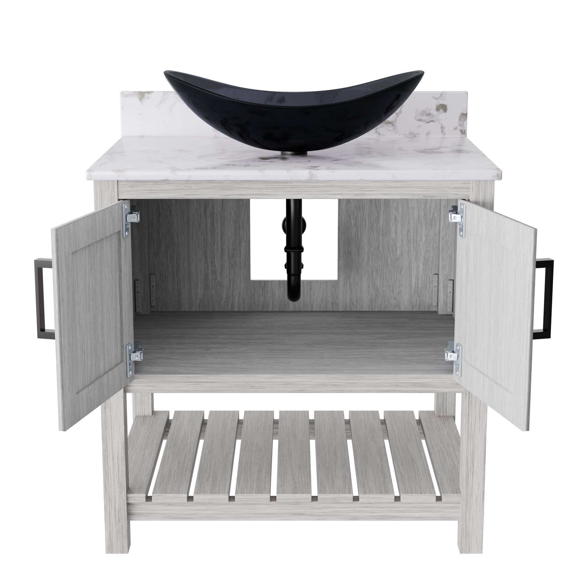 30-inch Novatto bath vanity with café mocha quartz counter and sink, showcasing sleek bathroom decor and modern design features.