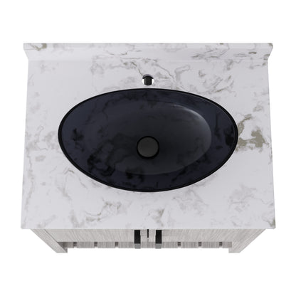 30-inch Novatto bath vanity with café mocha quartz countertop and sink, featuring a sleek, modern bathroom accessory design.