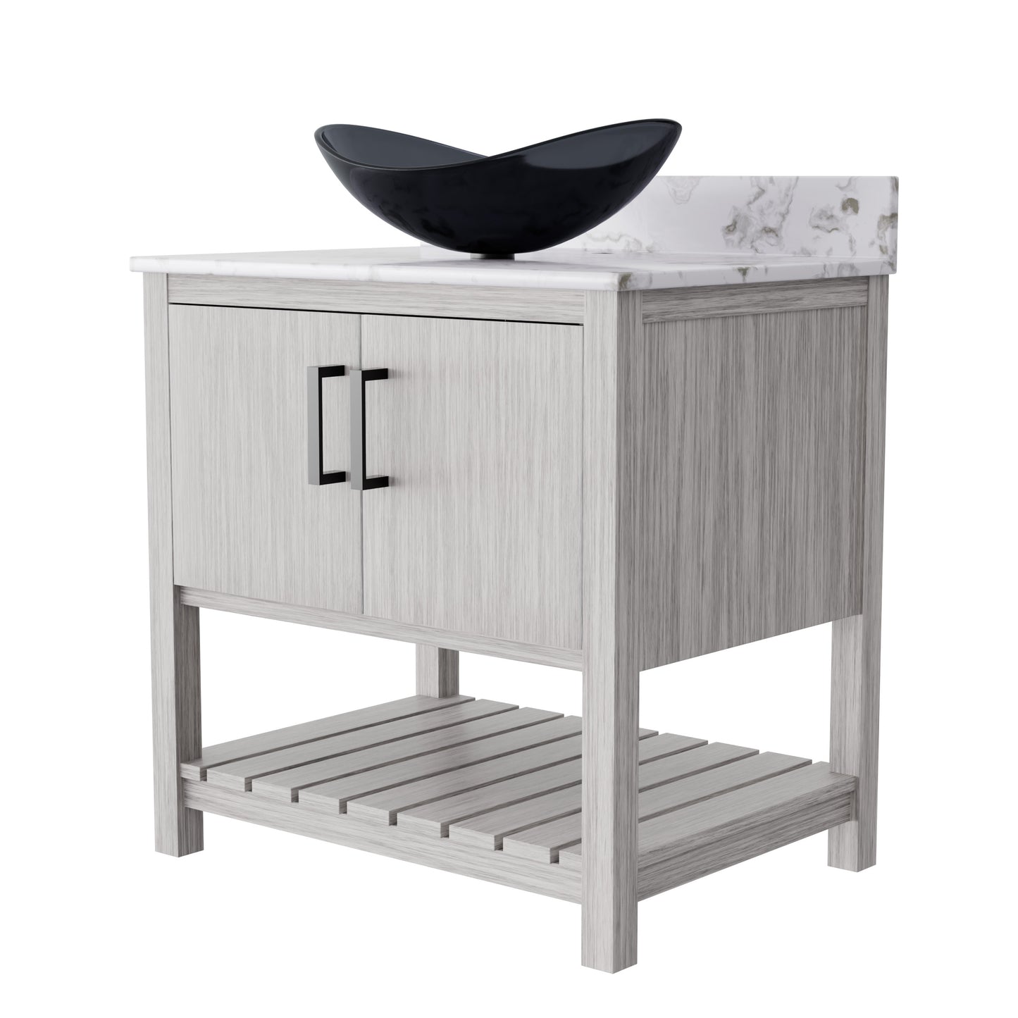 30-inch Novatto bath vanity with café mocha quartz countertop and integrated sink, modern bathroom accessory.