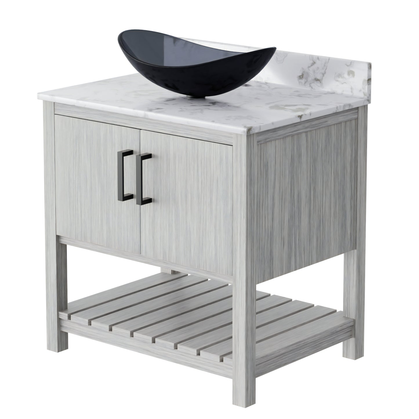 30-inch Novatto bath vanity with café mocha quartz countertop and integrated sink, modern bathroom accessory.