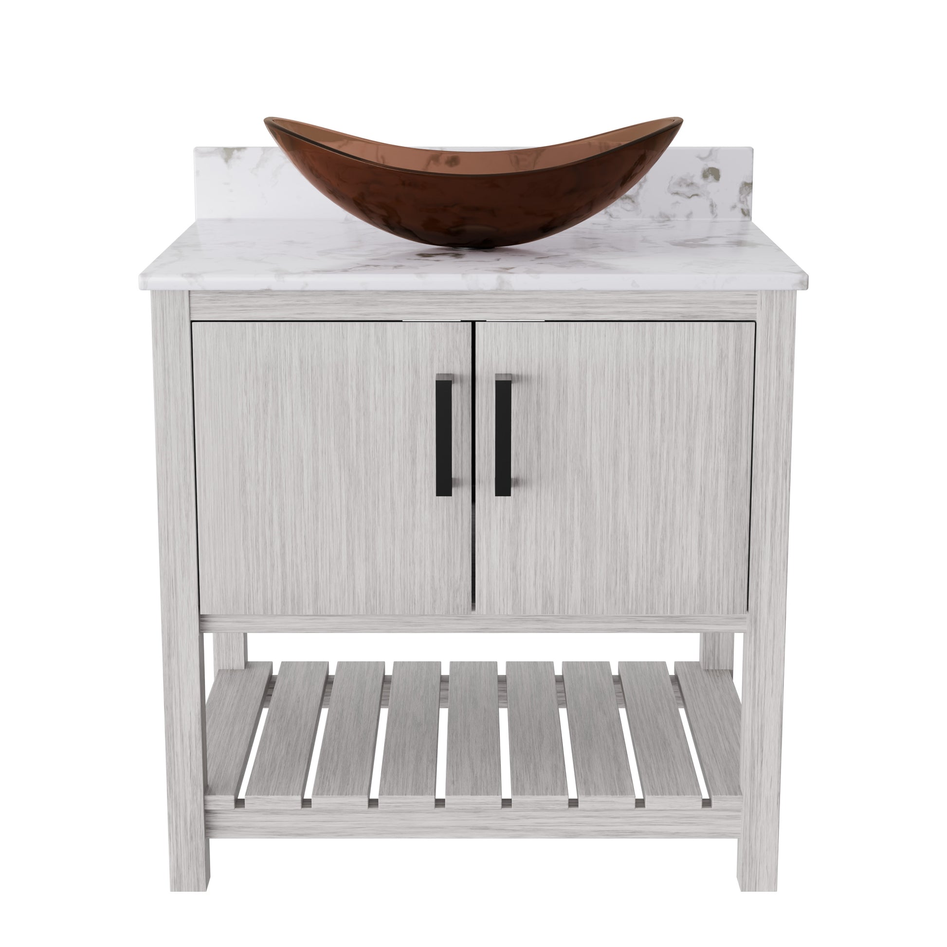 30-inch Novatto bath vanity with café mocha quartz countertop and integrated sink, showcasing sleek modern bathroom accessory design.