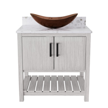 30-inch Novatto bath vanity with café mocha quartz countertop and integrated sink, showcasing sleek modern bathroom accessory design.