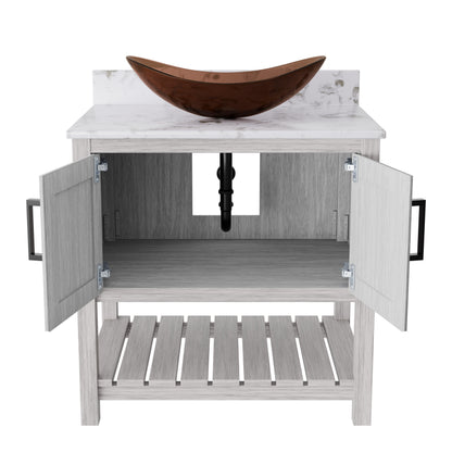30-inch Novatto bathroom vanity with café mocha quartz counter and sink, featuring sleek design and modern bathroom accessory.