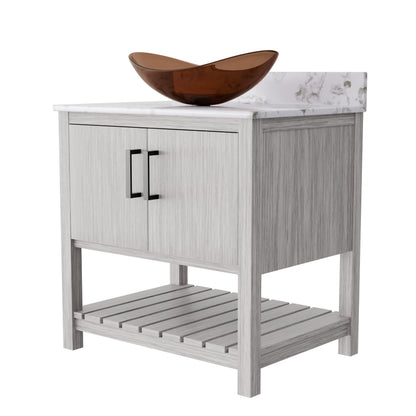 Novatto 30-inch bath vanity with café mocha quartz countertop and integrated sink, modern bathroom accessory with sleek design.