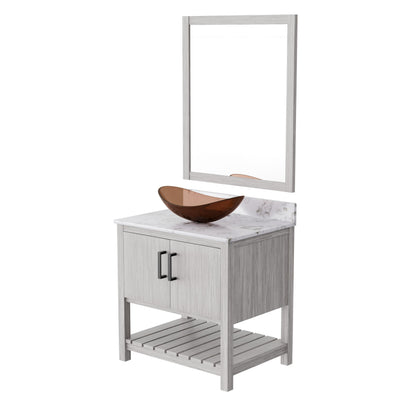 30-inch Novatto bathroom vanity with café mocha quartz countertop and integrated sink, showcasing sleek bathroom accessory design.