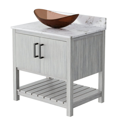 30-inch Novatto bath vanity with café mocha quartz countertop and integrated sink, showcasing sleek bathroom accessory design.