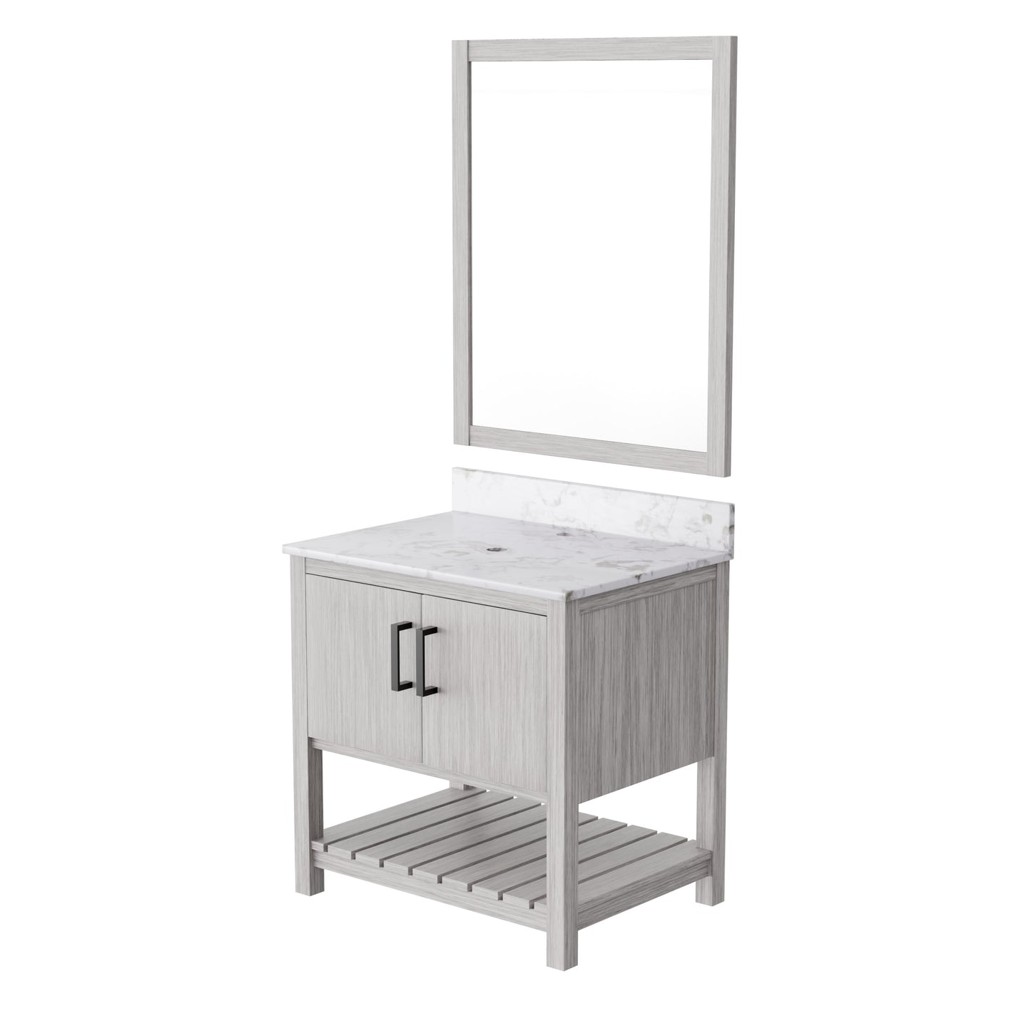 30-inch Novatto vanity with Café Mocha quartz countertop, showcasing sleek design and modern bathroom accessory.