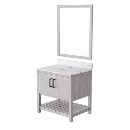 30-inch Novatto vanity with Café Mocha quartz countertop, showcasing sleek design and modern bathroom accessory.