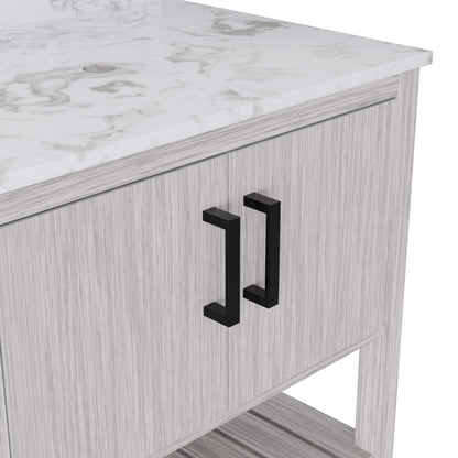 30-inch Novatto vanity with café mocha quartz countertop, showcasing sleek bathroom accessory design and modern style.
