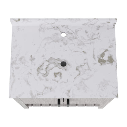 30-inch Novatto vanity with café mocha quartz countertop, showcasing a sleek bathroom accessory with a modern design.